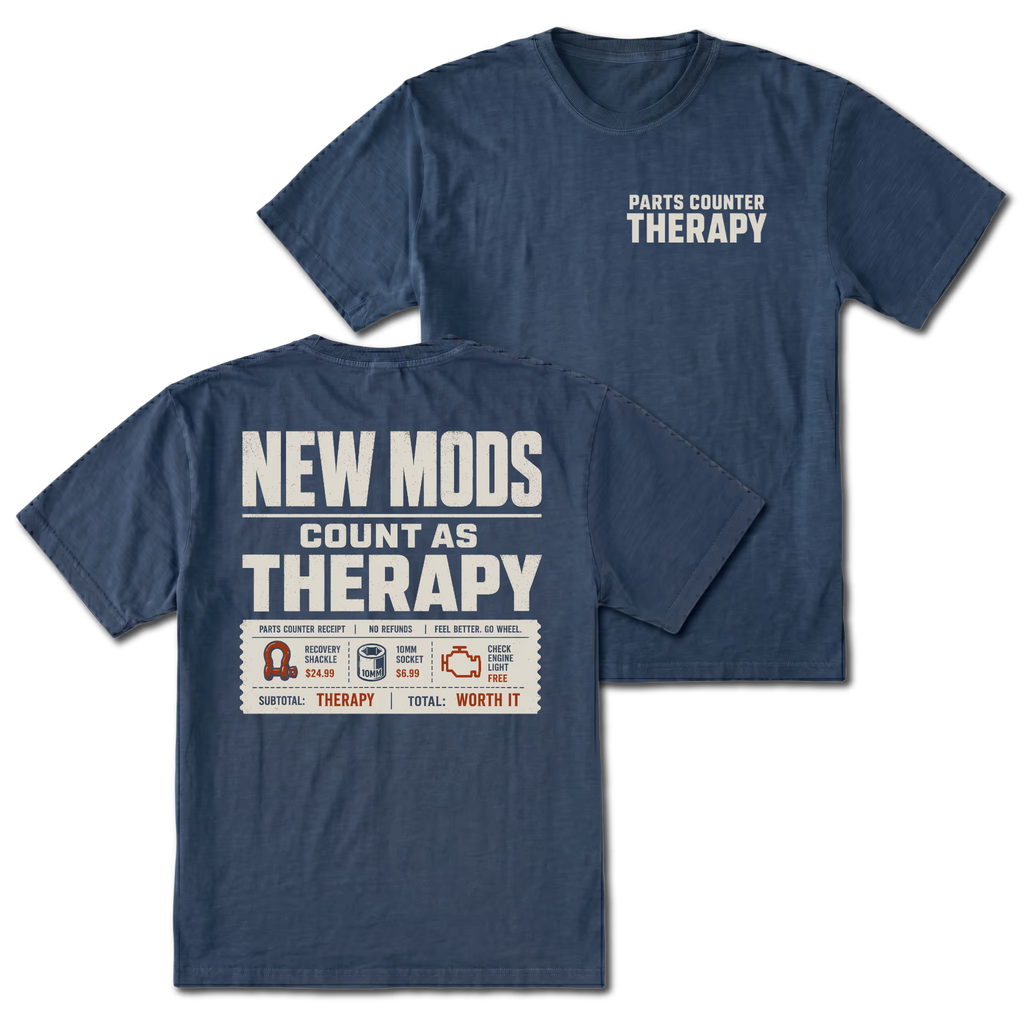 Navy T-Shirt with Parts Counter Therapy front design and New Mods Count As Therapy back design shown in front and back views by Trail Snark.
