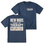 Navy T-Shirt with Parts Counter Therapy front design and New Mods Count As Therapy back design shown in front and back views by Trail Snark.