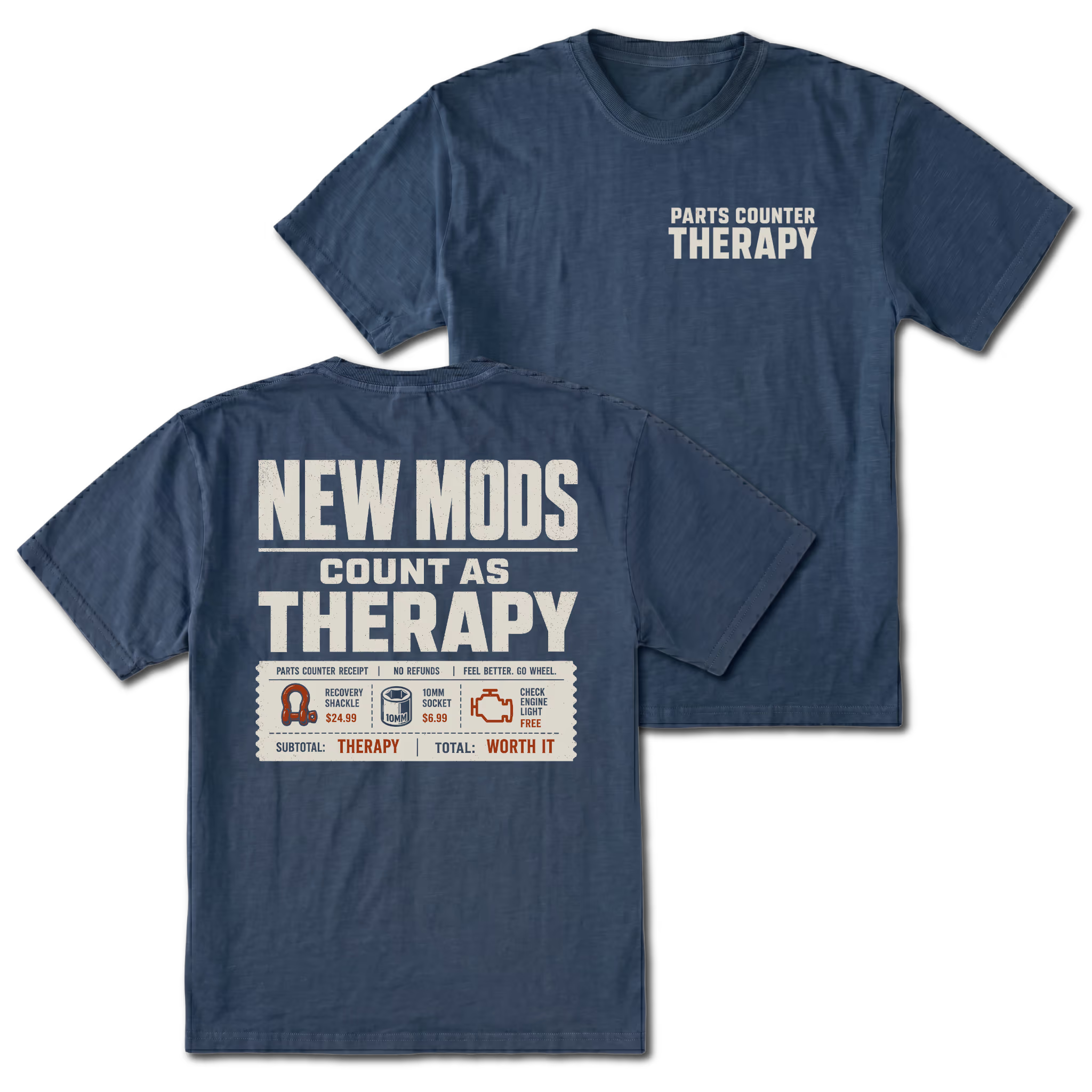 Navy T-Shirt with Parts Counter Therapy front design and New Mods Count As Therapy back design shown in front and back views by Trail Snark.