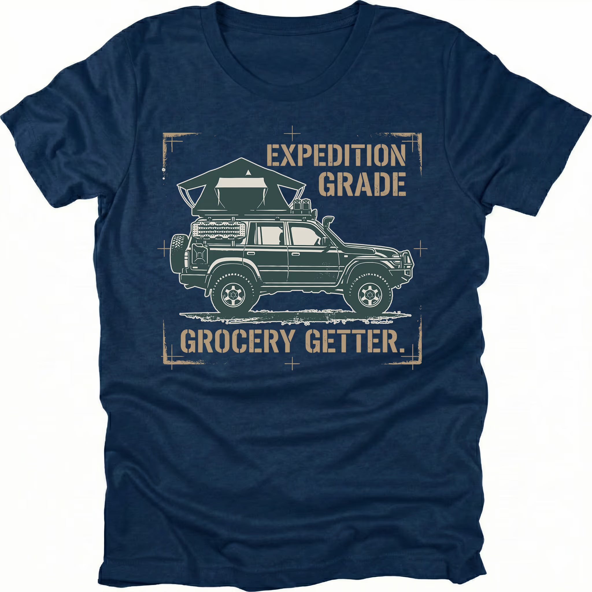Navy t-shirt featuring expedition grade grocery getter off-road vehicle graphic shown from the front by Trail Snark.