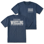 Navy T-shirt with I'm Either Wheeling Or Thinking About Wheeling back design and Wheeling Status front chest print by Trail Snark.