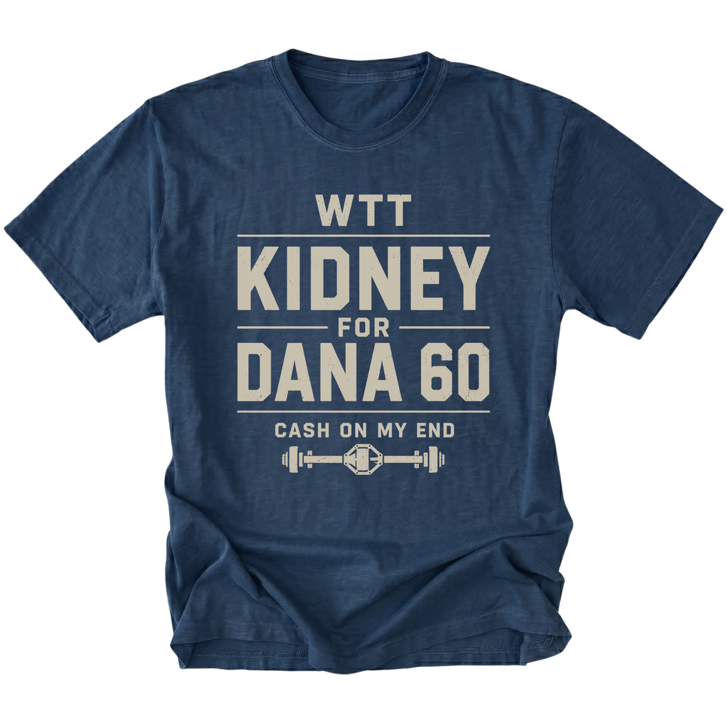 Navy T-shirt with a WTT Kidney For Dana 60 off-road axle trade design shown from the front by Trail Snark.