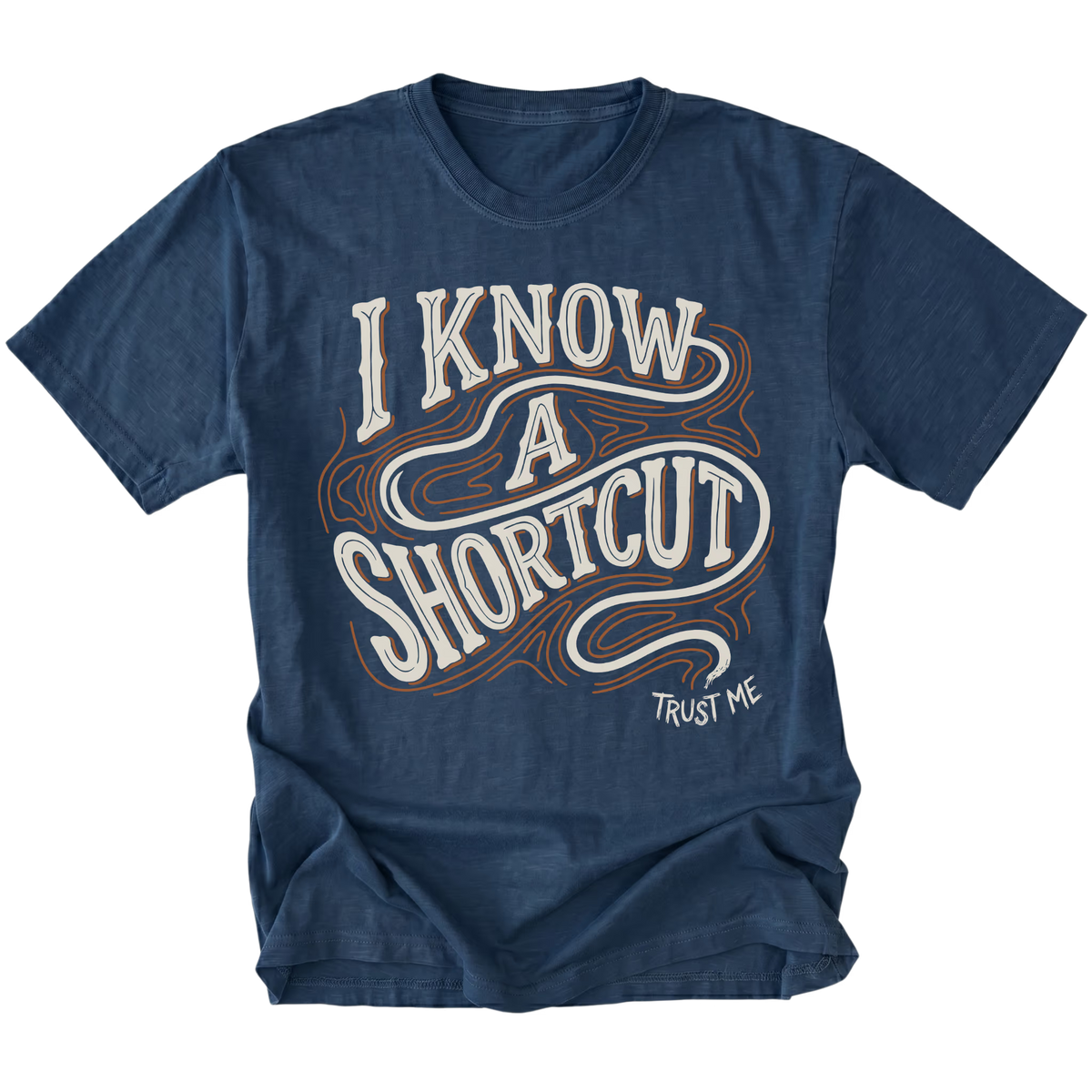 Navy T-shirt featuring the I Know a Shortcut design on the front by Trail Snark.