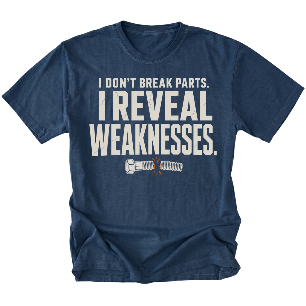Navy t-shirt featuring the Reveal Weaknesses design on the front by Trail Snark.