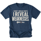 Navy t-shirt featuring the Reveal Weaknesses design on the front by Trail Snark.