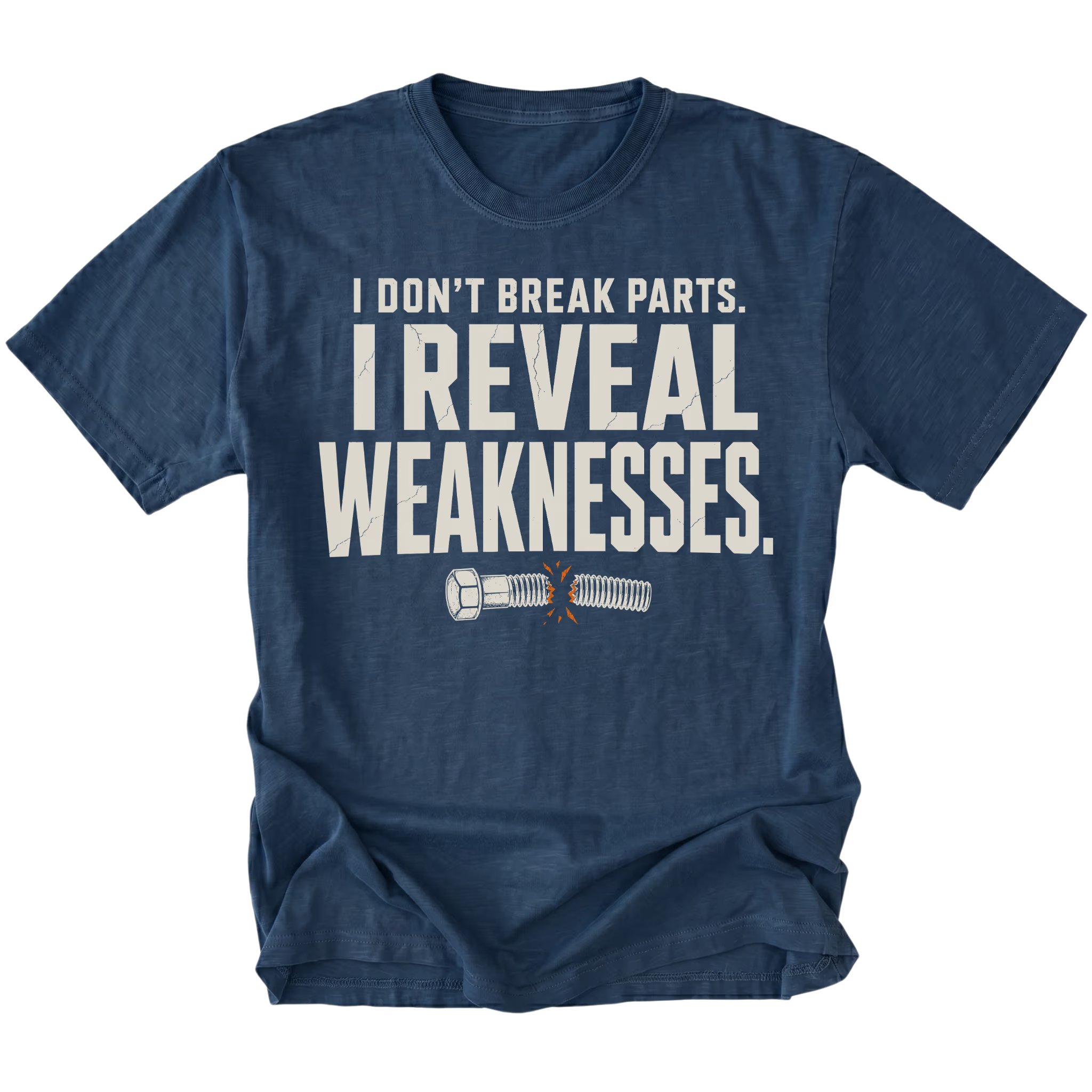Navy t-shirt featuring the Reveal Weaknesses design on the front by Trail Snark.