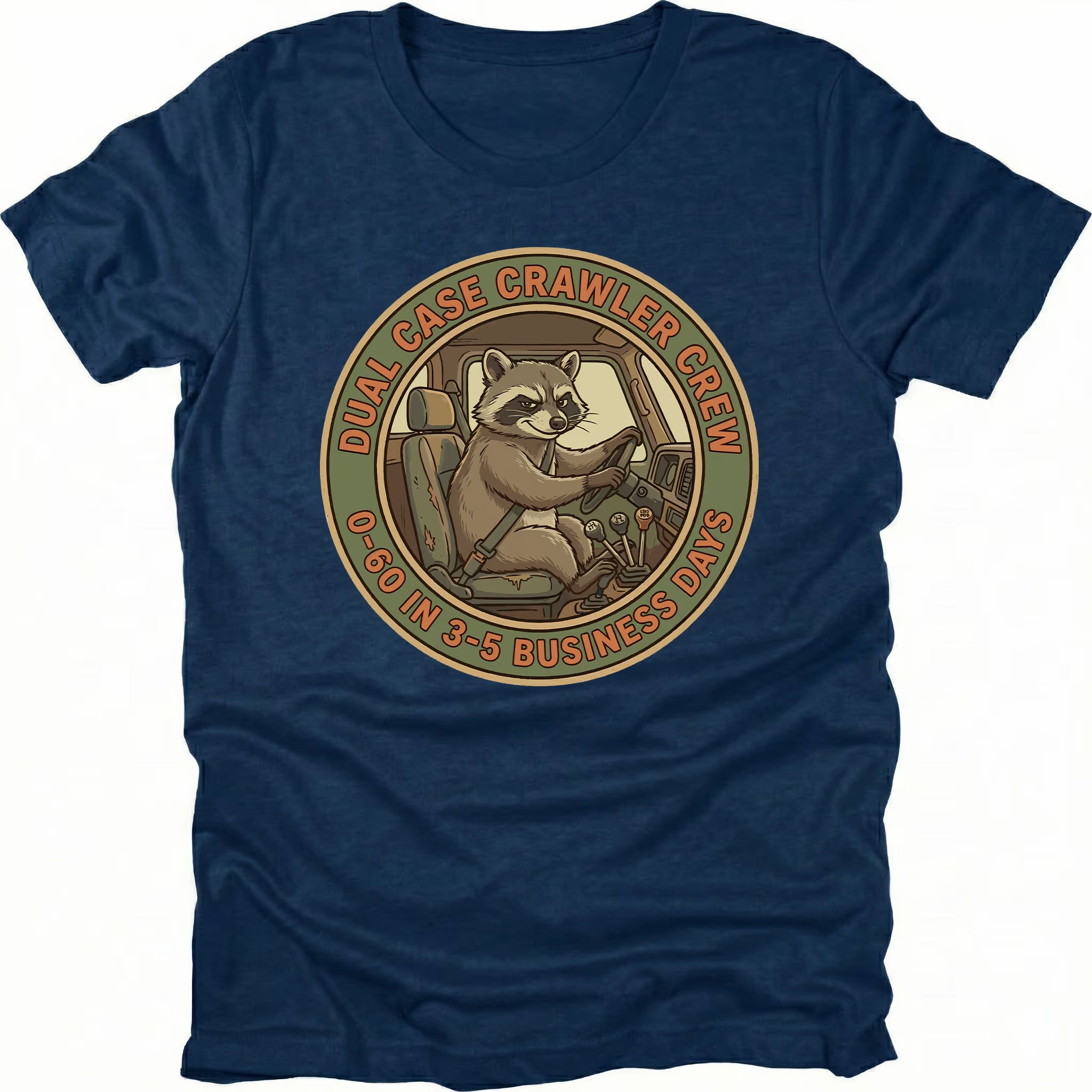 Navy t-shirt featuring a raccoon driving a crawler with dual case crawler crew circular badge graphic shown from the front by Trail Snark.