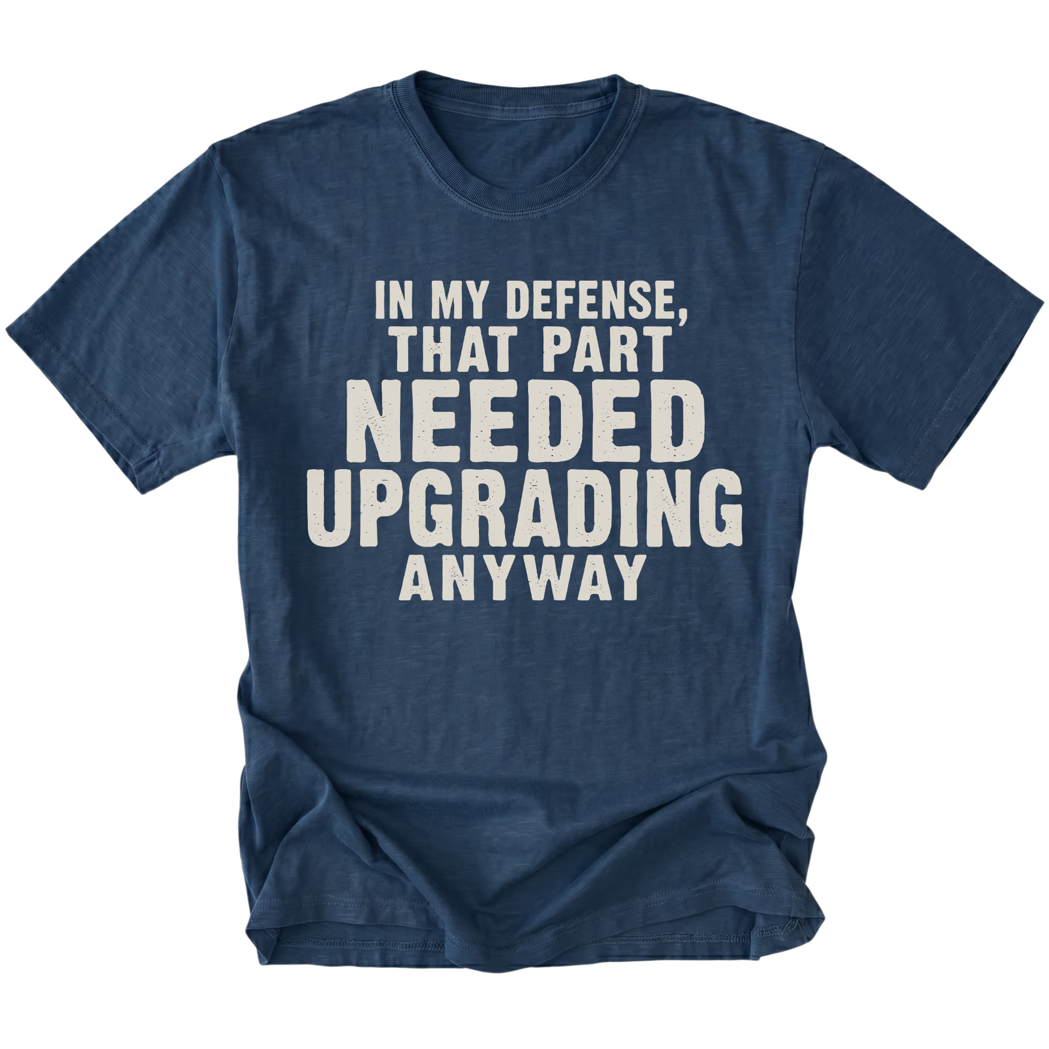 Navy t-shirt featuring the Needed Upgrading design on the front by Trail Snark.
