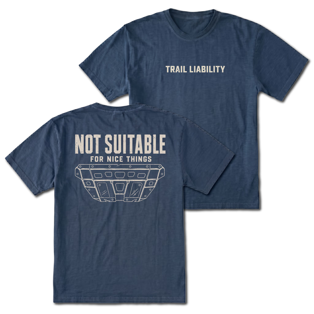 Navy T-shirt with a Not Suitable For Nice Things skid plate design shown from the back view by Trail Snark.