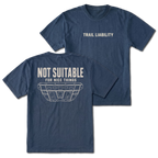 Navy T-shirt with a Not Suitable For Nice Things skid plate design shown from the back view by Trail Snark.