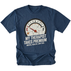 Navy t-shirt with distressed fuel gauge graphic pointing near empty and text reading My Therapist Takes Premium with Mental Health Low Fuel by Trail Snark.