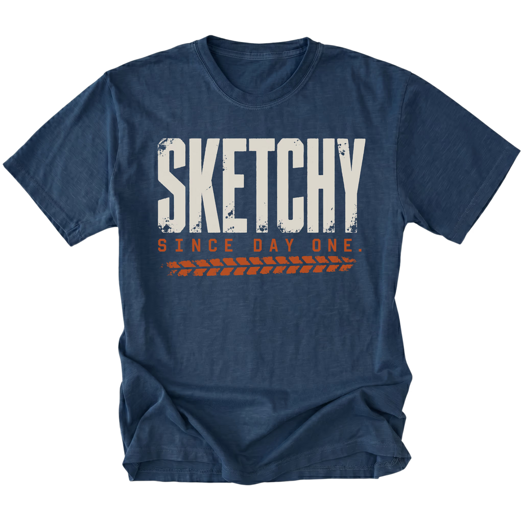 Navy T-shirt featuring the Sketchy Since Day One design on the front by Trail Snark.