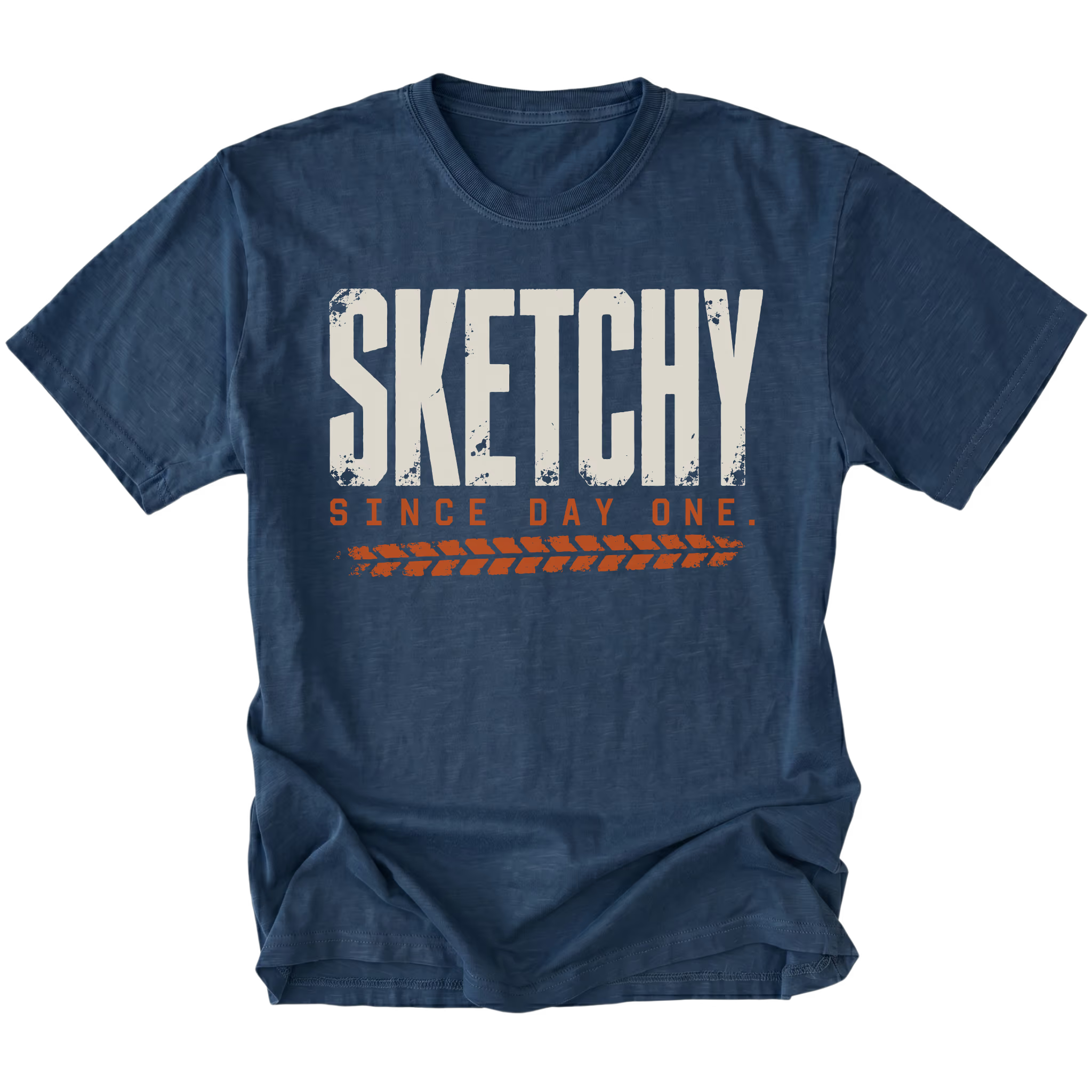 Navy T-shirt featuring the Sketchy Since Day One design on the front by Trail Snark.