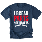 Navy T-Shirt featuring the I Break Parts Not Hearts design on the front view by Trail Snark.