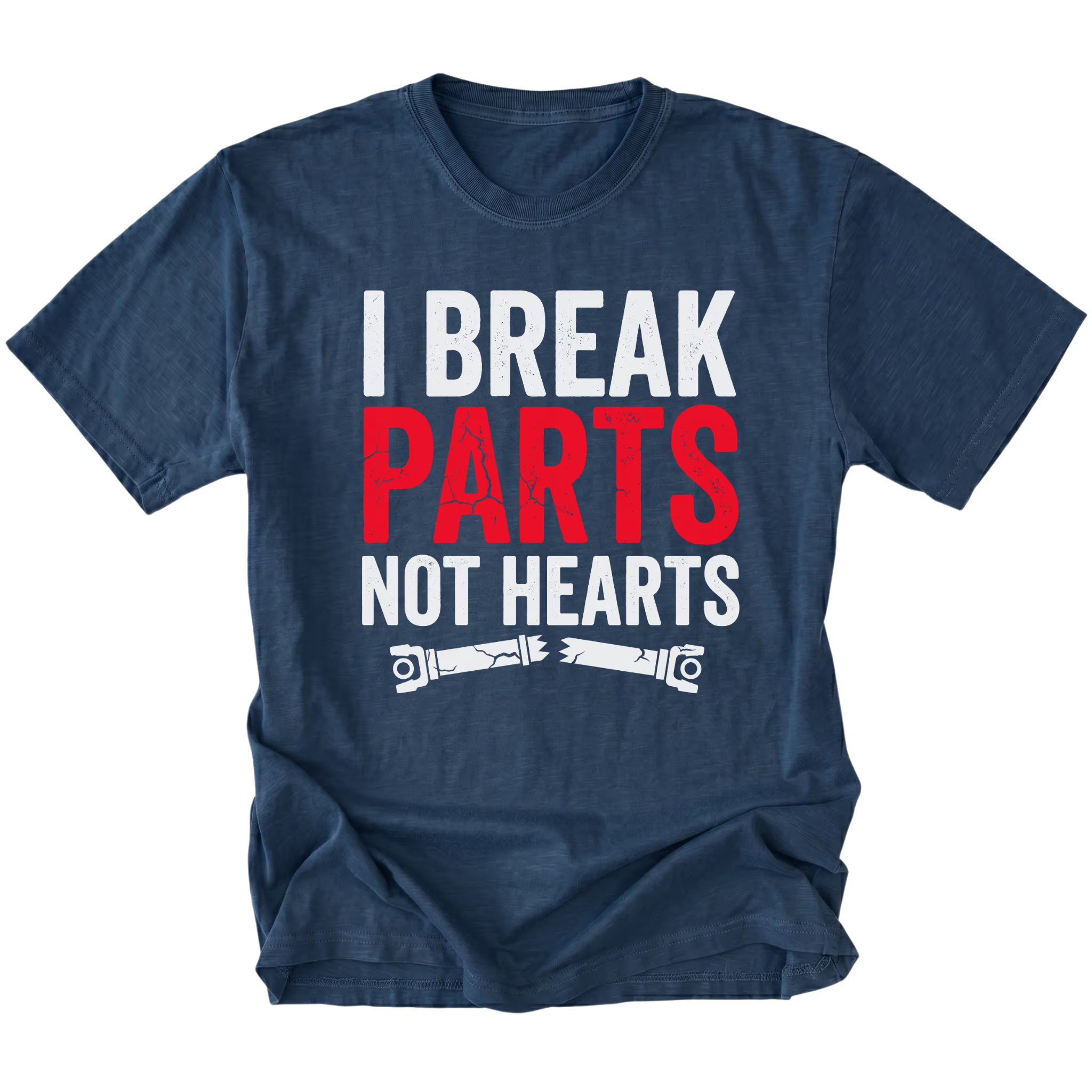 Navy T-Shirt featuring the I Break Parts Not Hearts design on the front view by Trail Snark.