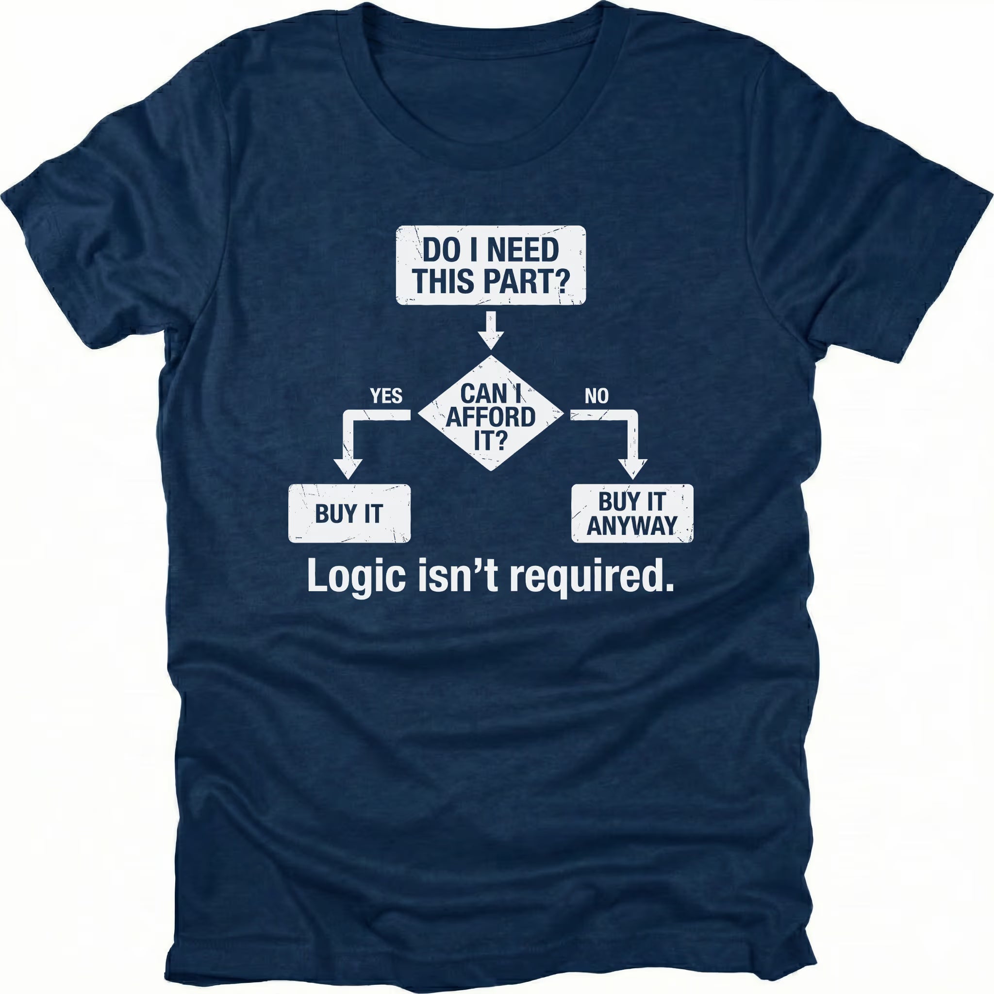 Navy t-shirt featuring do i need this part logic isnt required flowchart graphic shown from the front by Trail Snark.