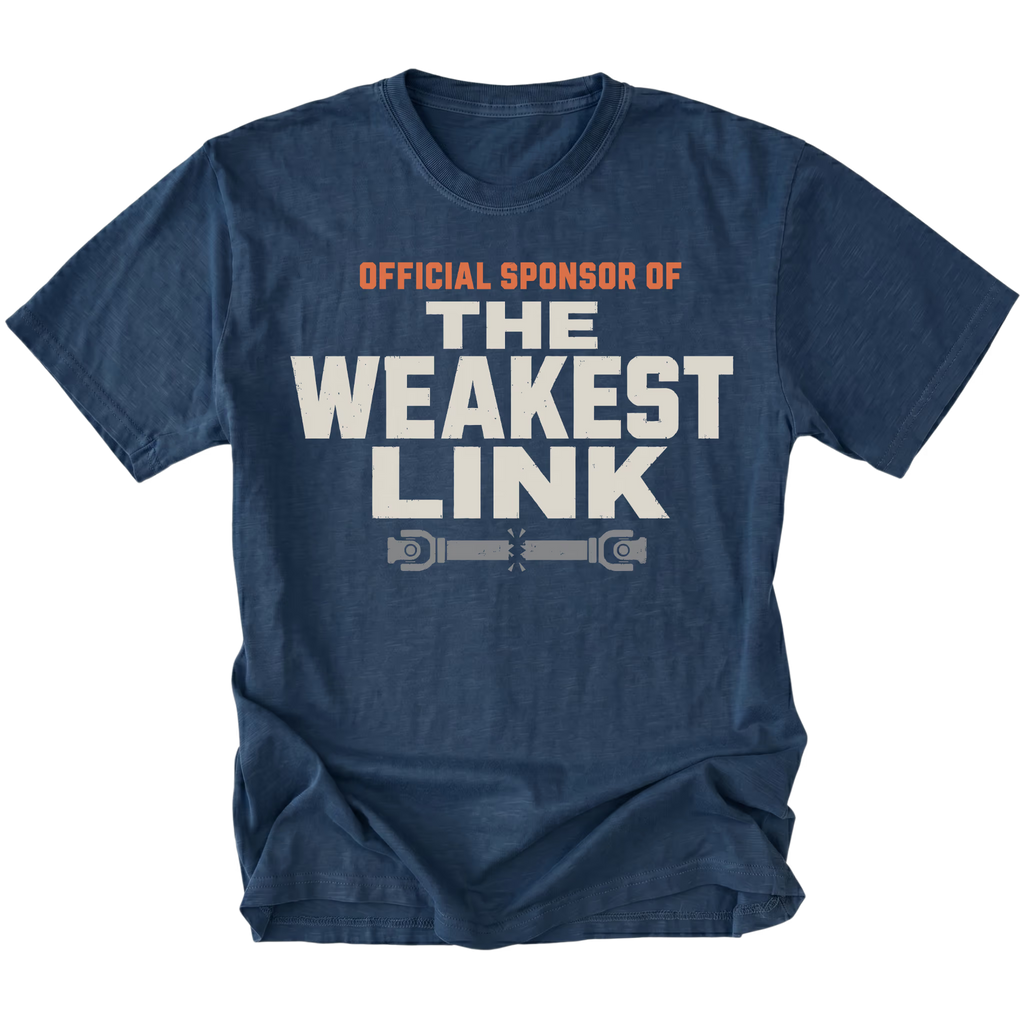 Navy t-shirt featuring the Weakest Link design on the front by Trail Snark.