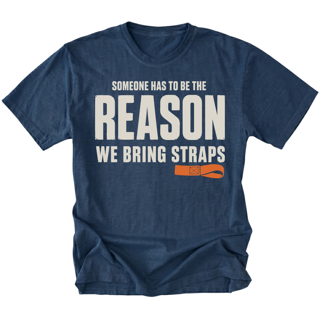 Navy T-shirt featuring the Bring Straps recovery design on the front by Trail Snark.