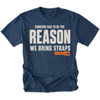 Navy T-shirt featuring the Bring Straps recovery design on the front by Trail Snark.