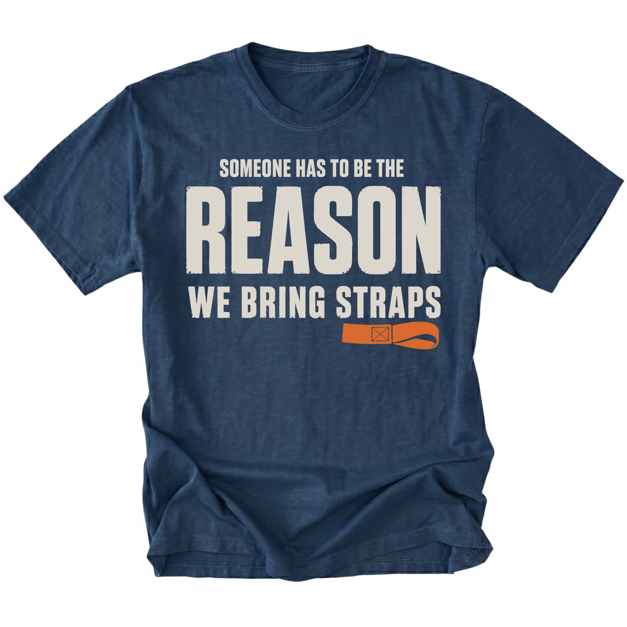 Navy T-shirt featuring the Bring Straps recovery design on the front by Trail Snark.