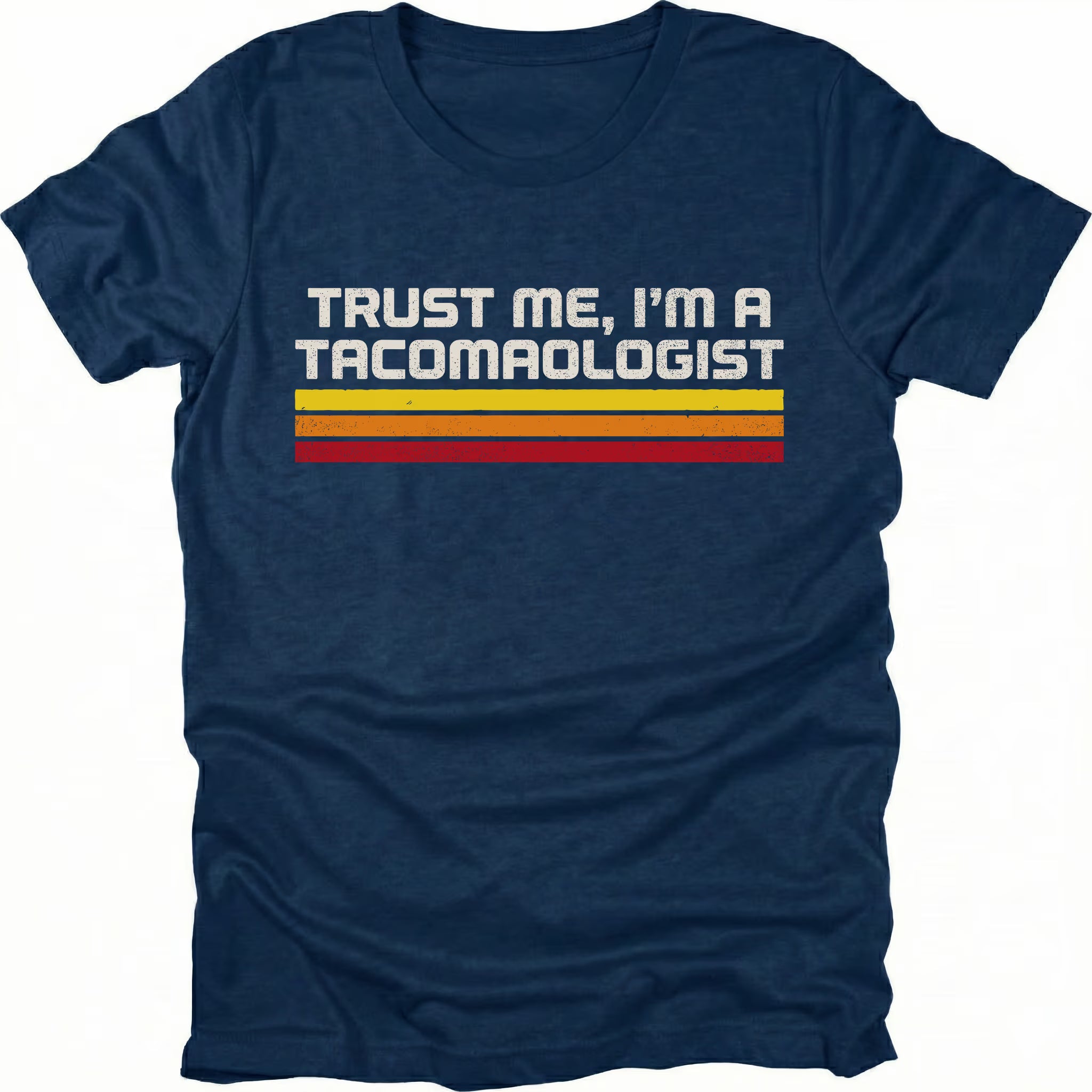 Navy t-shirt with retro stripes and the phrase “Trust Me, I’m a Tacomaologist” printed on the front by Trail Snark.