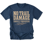 Navy T-shirt featuring the No Trail Damage Shall Prosper design on the front by Trail Snark.