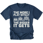 Navy T-Shirt featuring The More I Play With It The Bigger It Gets design with three progressively built Jeeps on the front view by Trail Snark.