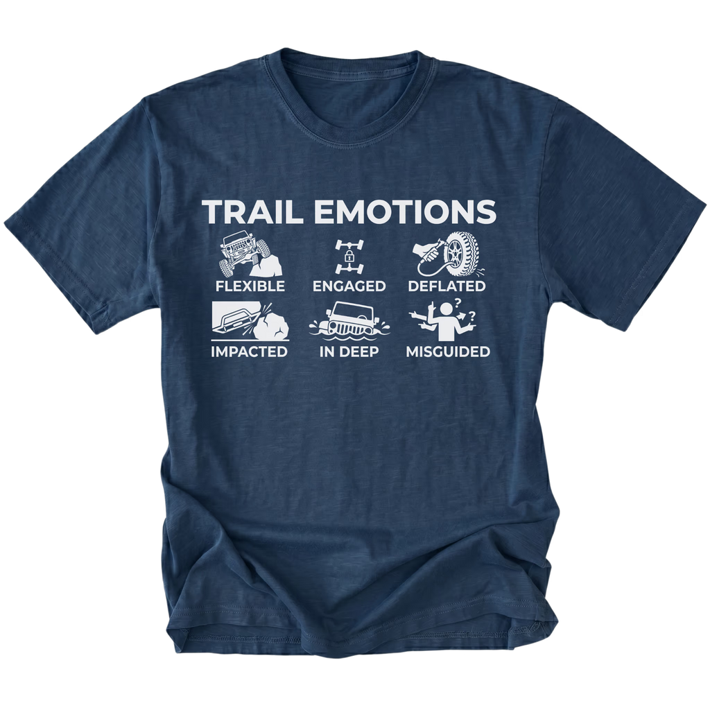 Navy t-shirt featuring “Trail Emotions” text with illustrated off-road icons labeled flexible, engaged, deflated, impacted, in deep, and misguided by Trail Snark.