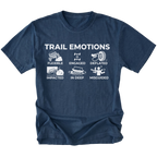Navy t-shirt featuring “Trail Emotions” text with illustrated off-road icons labeled flexible, engaged, deflated, impacted, in deep, and misguided by Trail Snark.