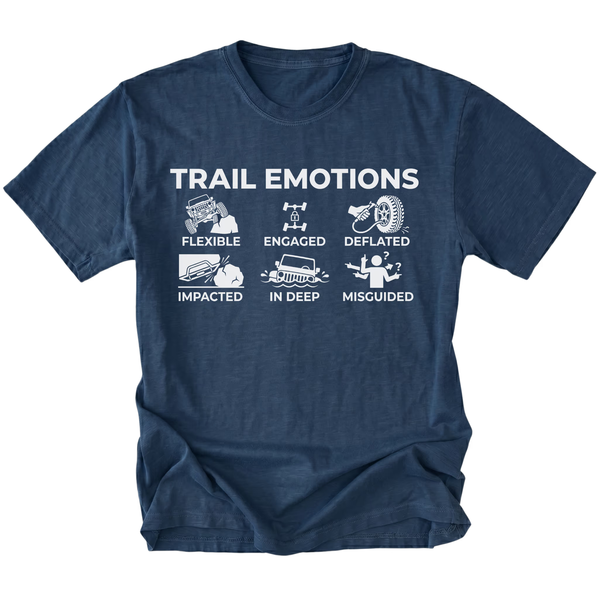 Navy t-shirt featuring “Trail Emotions” text with illustrated off-road icons labeled flexible, engaged, deflated, impacted, in deep, and misguided by Trail Snark.