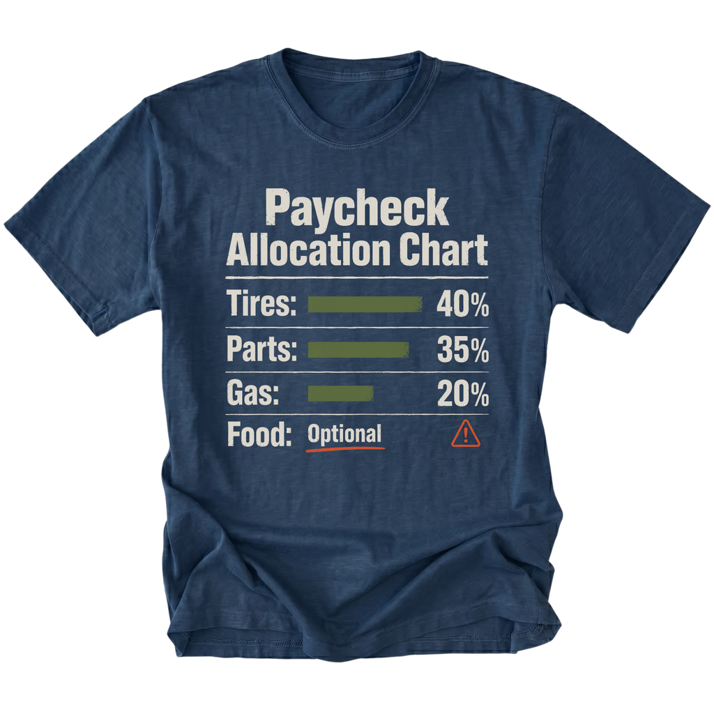 Navy T-shirt with a Paycheck Allocation Chart design shown from the front by Trail Snark.