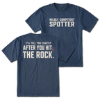 Navy t-shirt featuring the Mildly Competent Spotter design on the front and the after you hit the rock design on the back by Trail Snark.