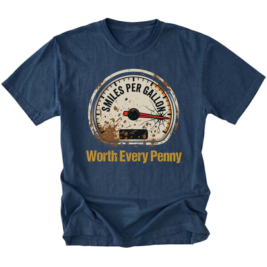 Navy T-Shirt featuring Miles Per Gallon gauge with Worth Every Penny design on front view by Trail Snark.