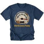 Navy T-Shirt featuring Miles Per Gallon gauge with Worth Every Penny design on front view by Trail Snark.