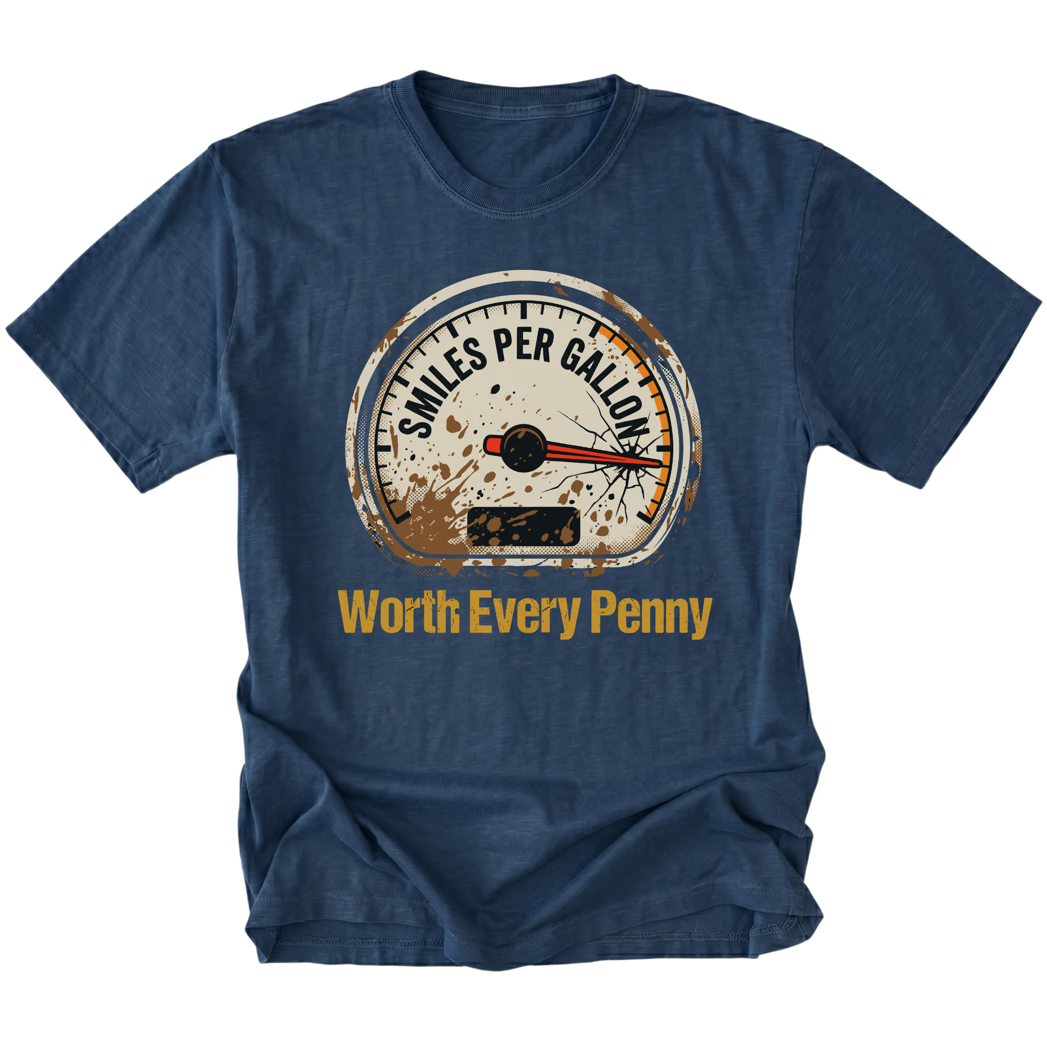 Navy T-Shirt featuring Miles Per Gallon gauge with Worth Every Penny design on front view by Trail Snark.