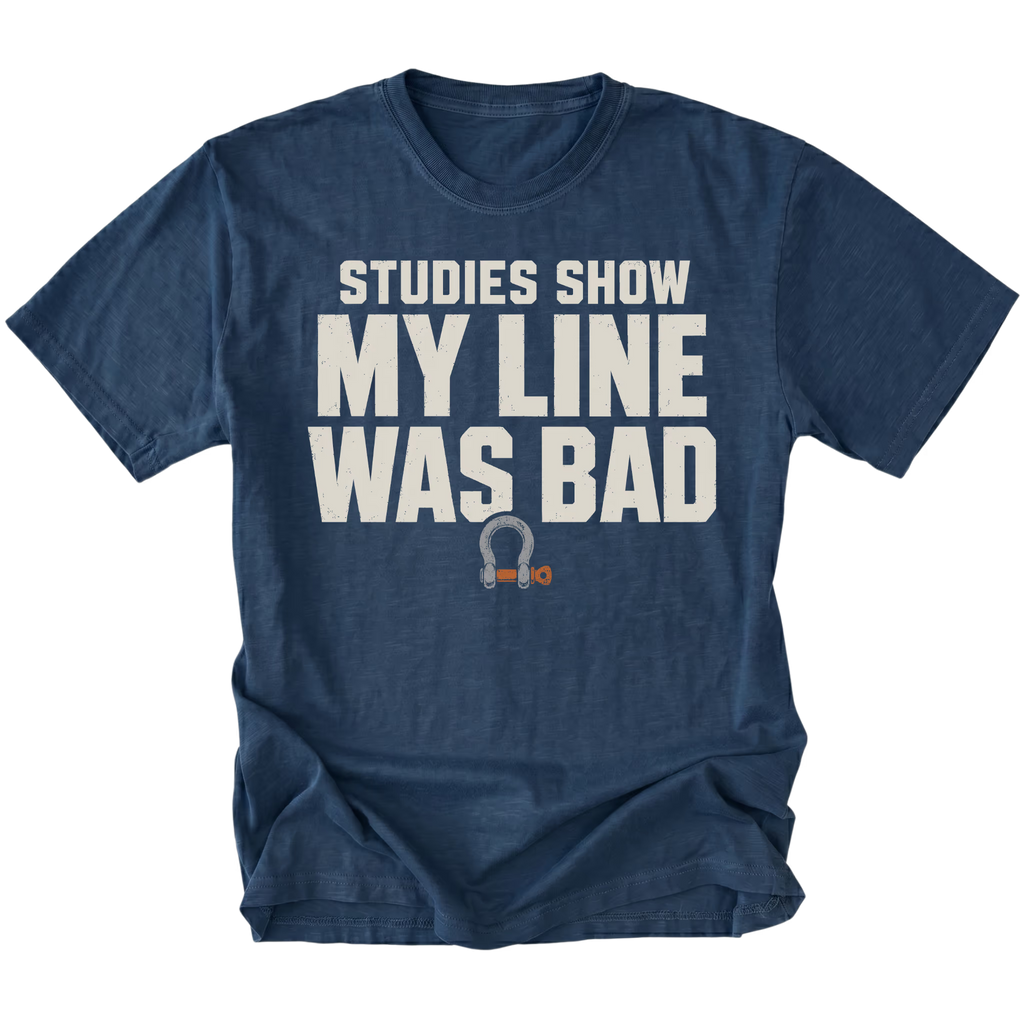 Navy T-shirt featuring the Bad Line recovery shackle design on the front by Trail Snark.