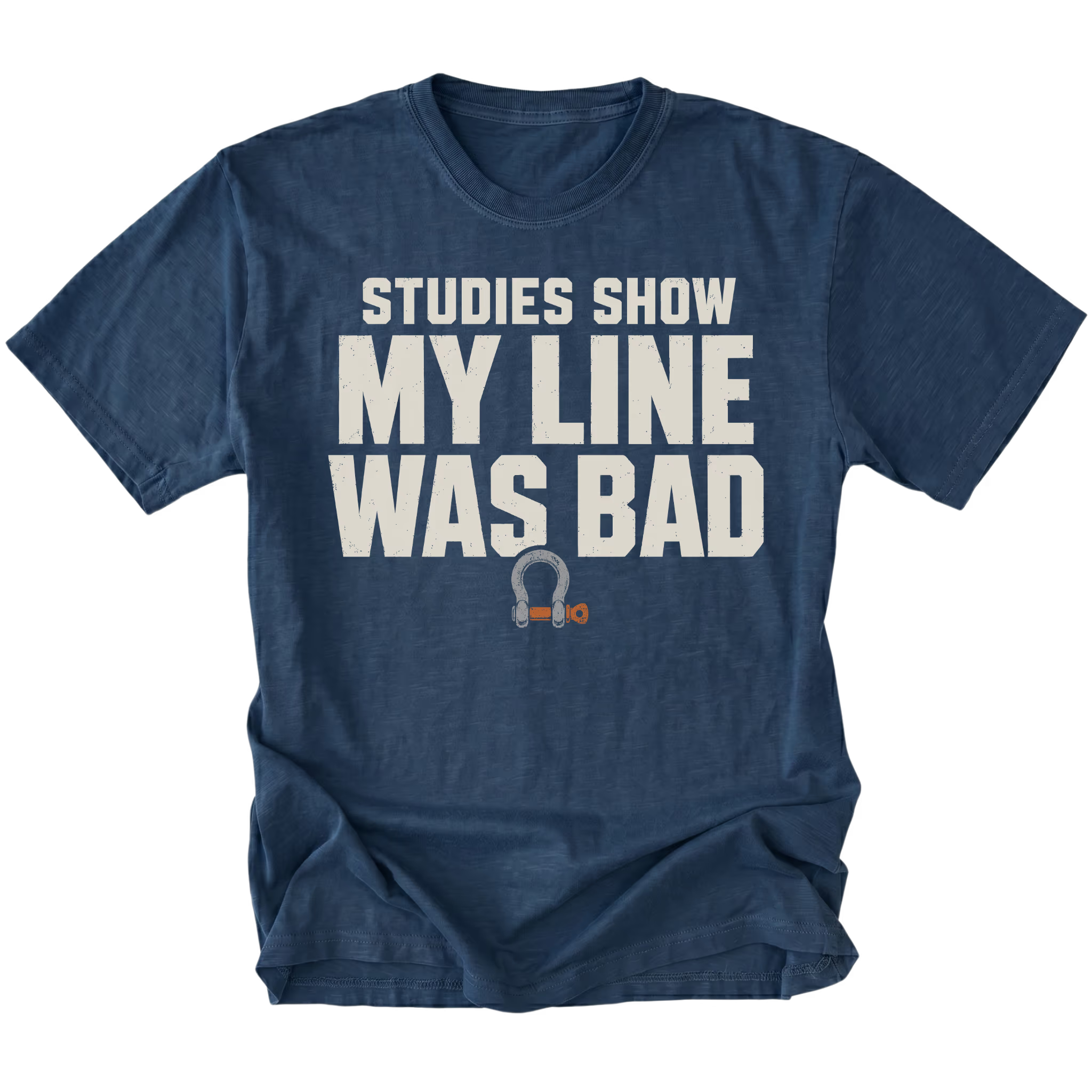 Navy T-shirt featuring the Bad Line recovery shackle design on the front by Trail Snark.