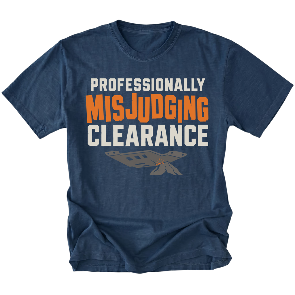 Navy T-shirt featuring the Misjudged Clearance design on the front by Trail Snark.