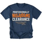 Navy T-shirt featuring the Misjudged Clearance design on the front by Trail Snark.