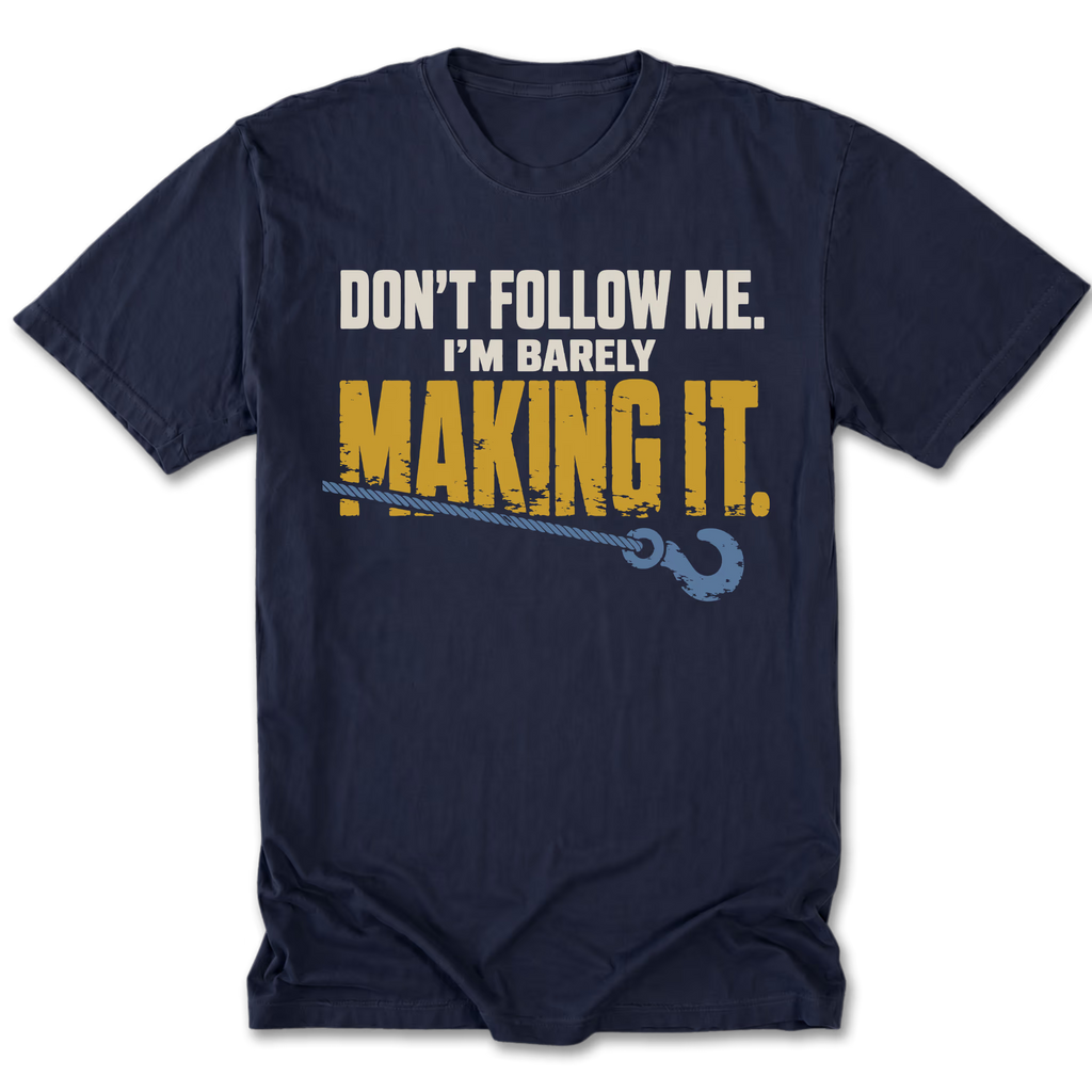 Navy tall tee featuring the Barely Making It recovery design on the front by Trail Snark.