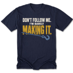 Navy tall tee featuring the Barely Making It recovery design on the front by Trail Snark.