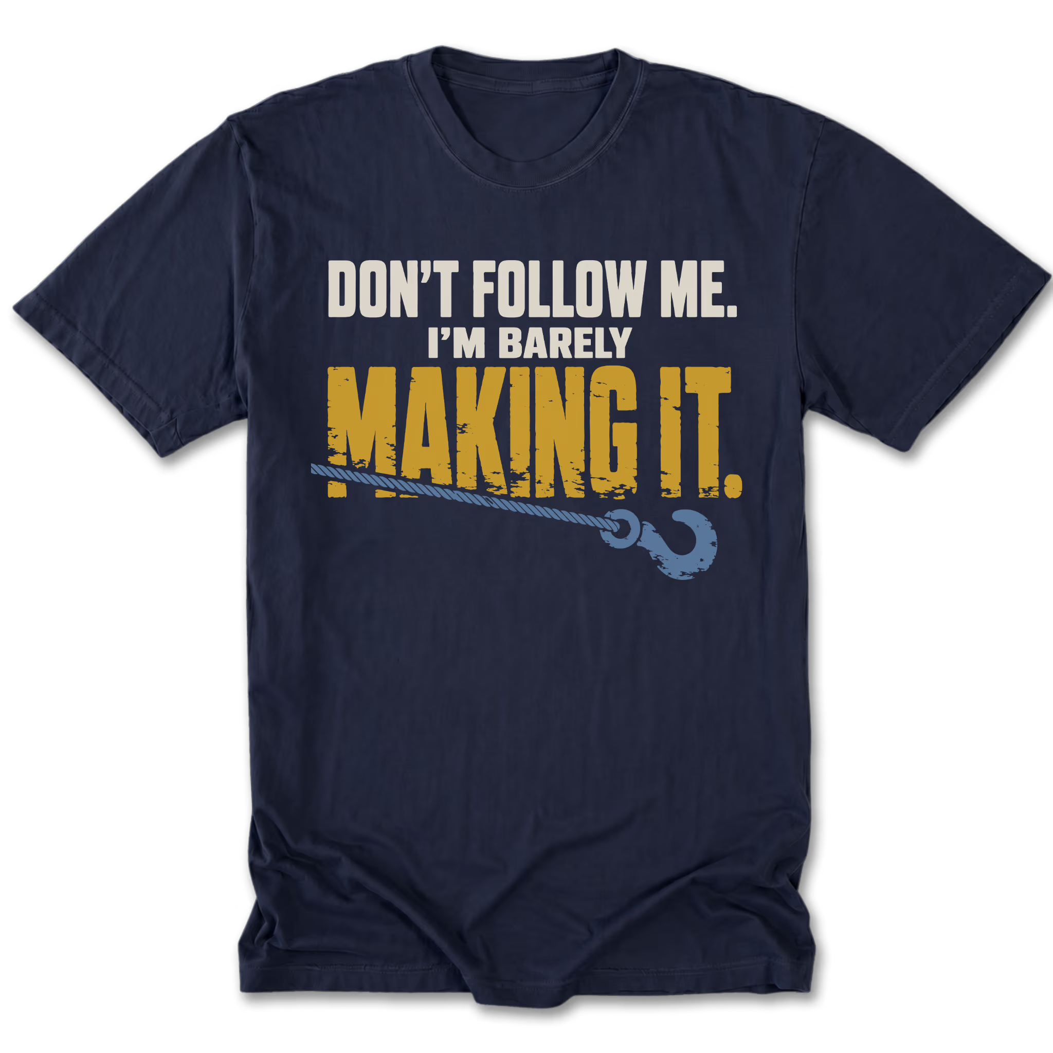 Navy tall tee featuring the Barely Making It recovery design on the front by Trail Snark.