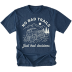 Navy t-shirt featuring an off-road SUV climbing rocks with text reading No Bad Trails Just Bad Decisions, front view by Trail Snark.
