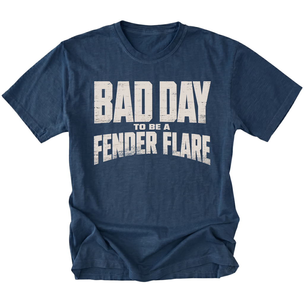 Navy T-Shirt featuring the Bad Day To Be A Fender Flare design on the front by Trail Snark.