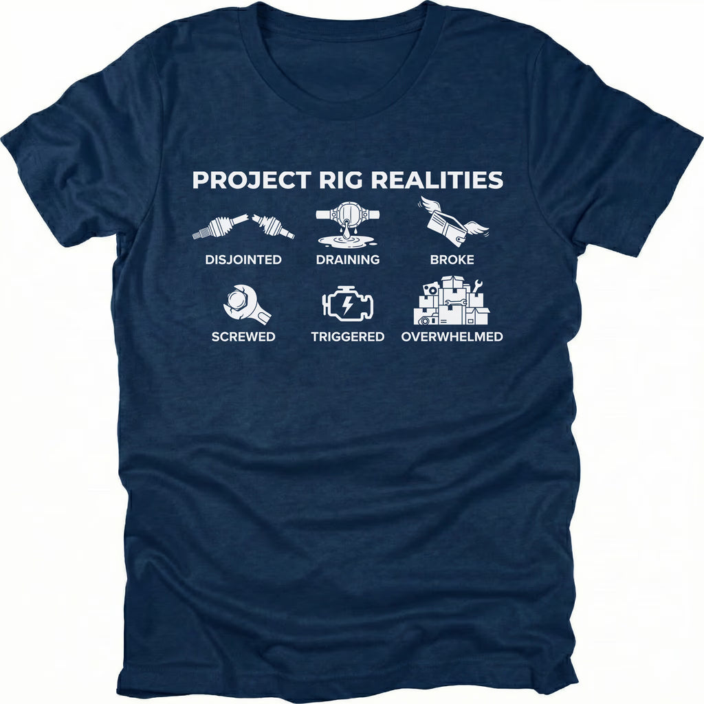 Navy T-Shirt with “Project Rig Realities” icons showing disjointed, draining, broke, screwed, triggered, and overwhelmed on front view by Trail Snark.
