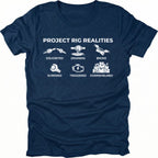 Navy T-Shirt with “Project Rig Realities” icons showing disjointed, draining, broke, screwed, triggered, and overwhelmed on front view by Trail Snark.