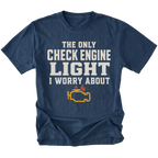 Navy t-shirt featuring the Check Engine Light design on the front by Trail Snark.