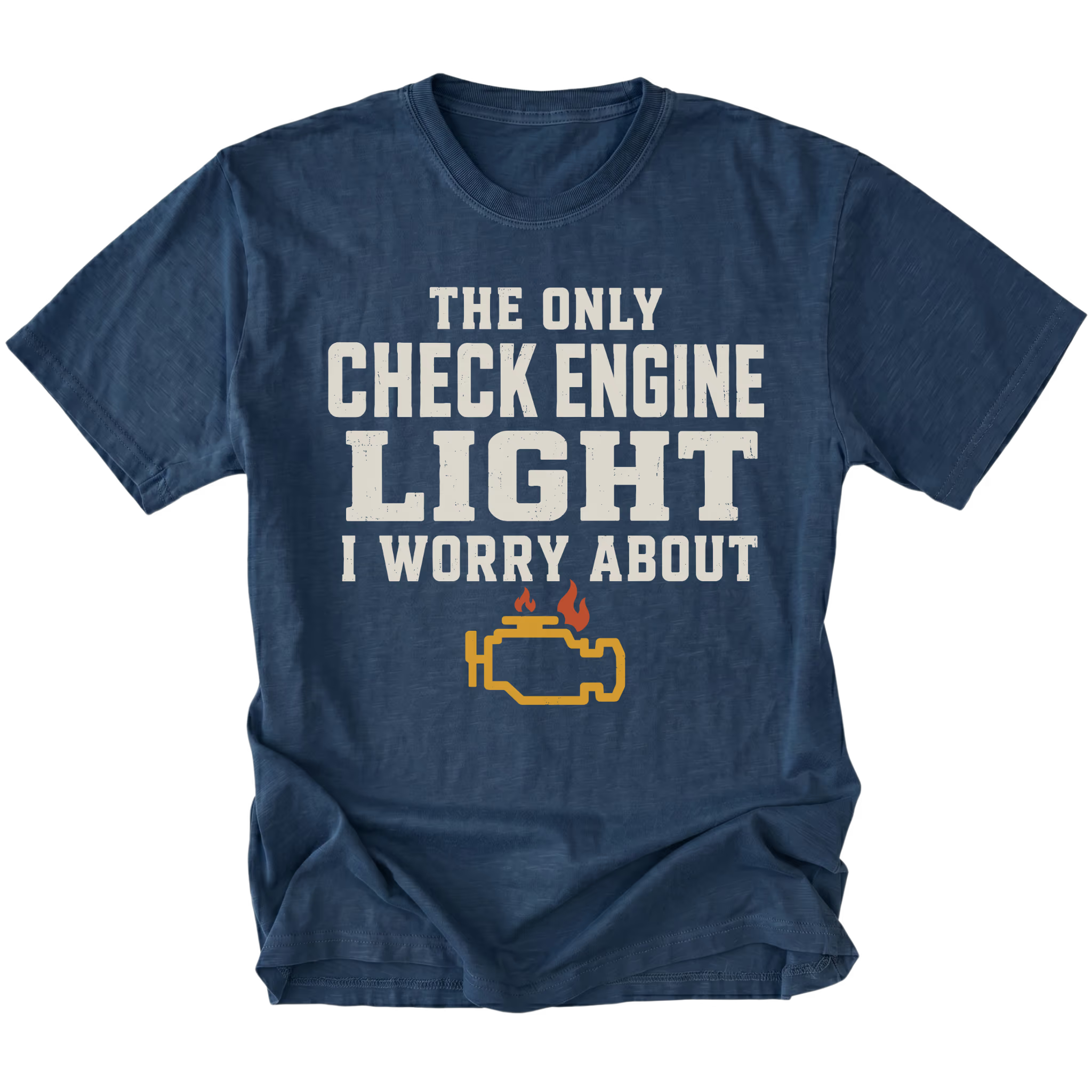 Navy t-shirt featuring the Check Engine Light design on the front by Trail Snark.