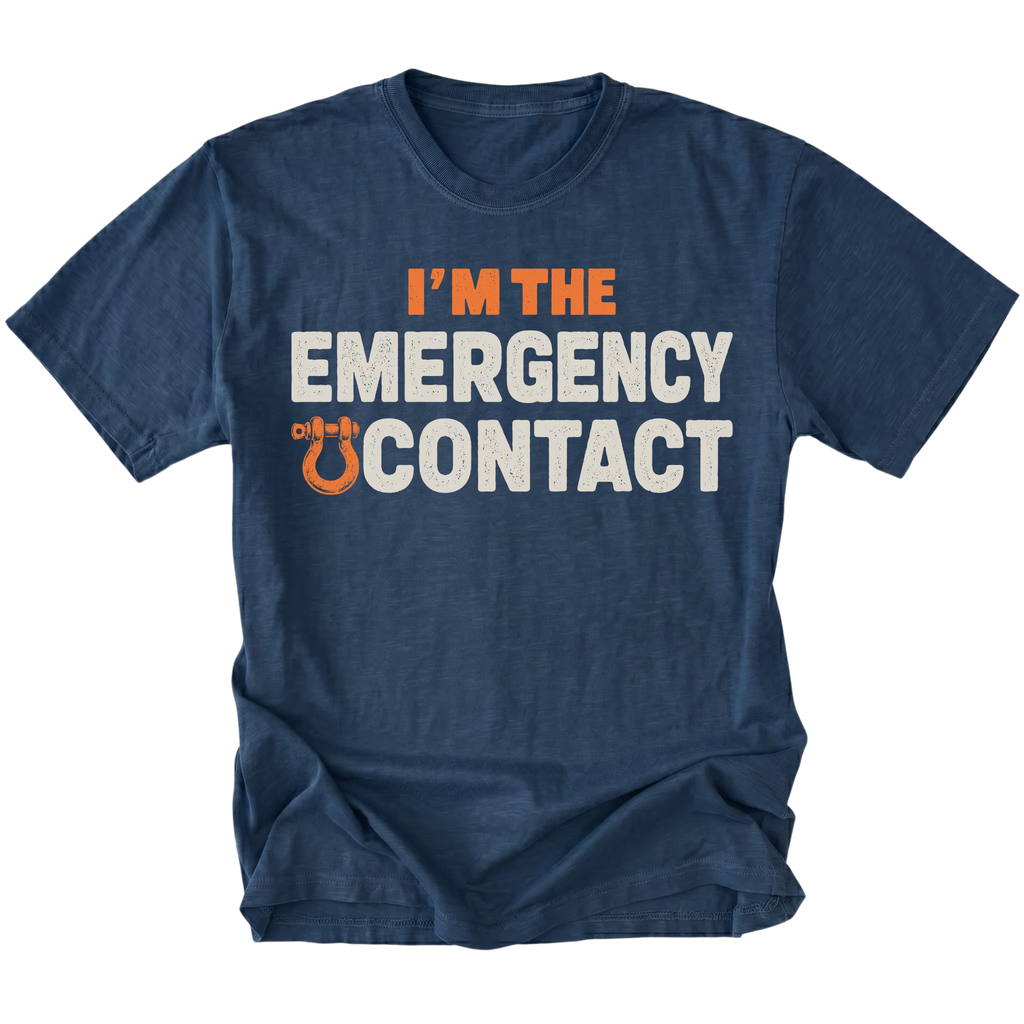 Navy T-shirt featuring the Emergency Contact design with a recovery shackle on the front by Trail Snark.