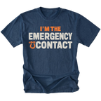 Navy T-shirt featuring the Emergency Contact design with a recovery shackle on the front by Trail Snark.